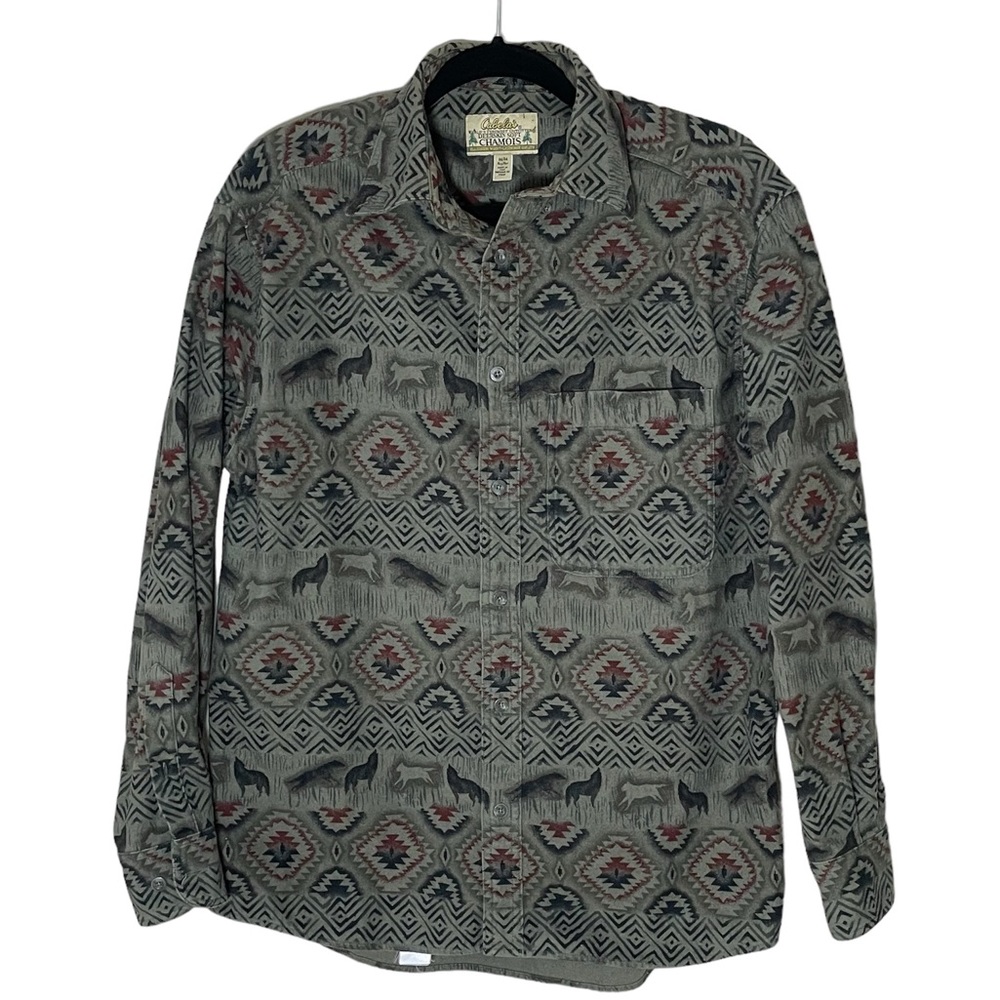 Vintage Cabelas Chamois All Over Tribal Wolf Print Blanket Flannel Shirt